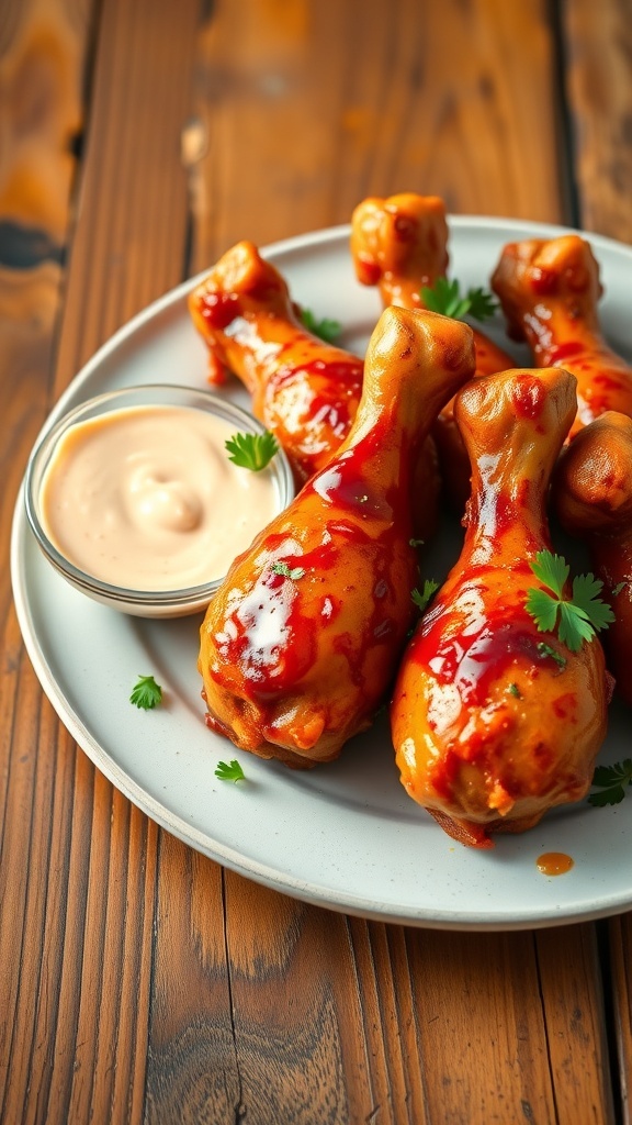 Baked chicken drumsticks on a plate, garnished with parsley, served with dipping sauce on a rustic table.